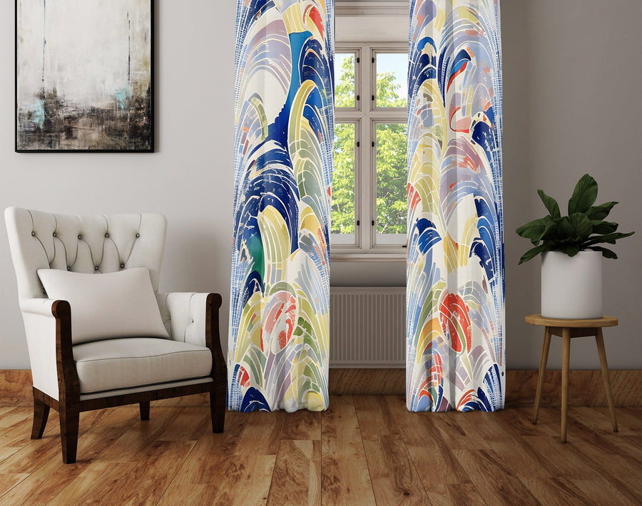 Abstract Window Curtain - Blue, Orange, and Yellow Grecian Mosaic - Deja Blue Studios