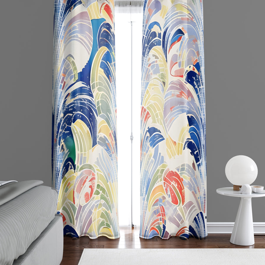 Abstract Window Curtain - Blue, Orange, and Yellow Grecian Mosaic - Deja Blue Studios