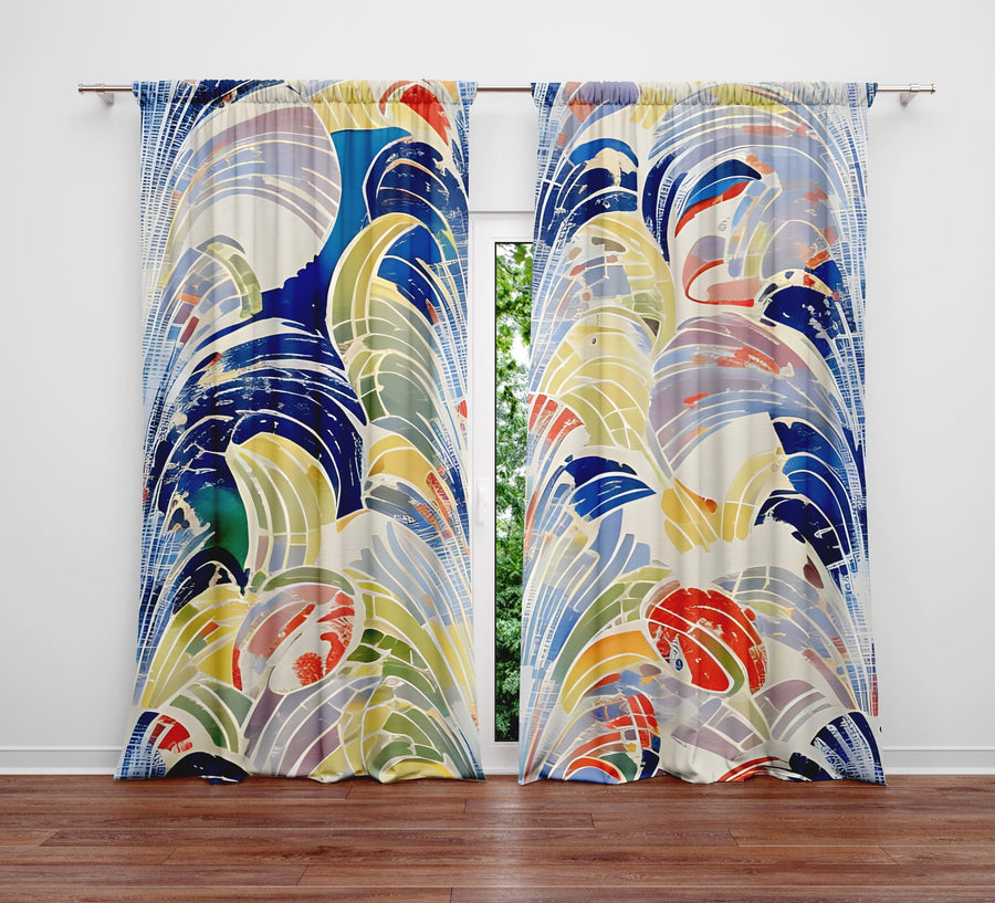 Abstract Window Curtain - Blue, Orange, and Yellow Grecian Mosaic - Deja Blue Studios