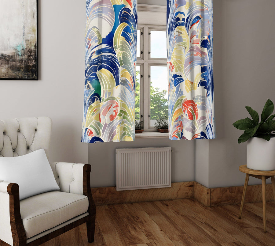 Abstract Window Curtain - Blue, Orange, and Yellow Grecian Mosaic - Deja Blue Studios