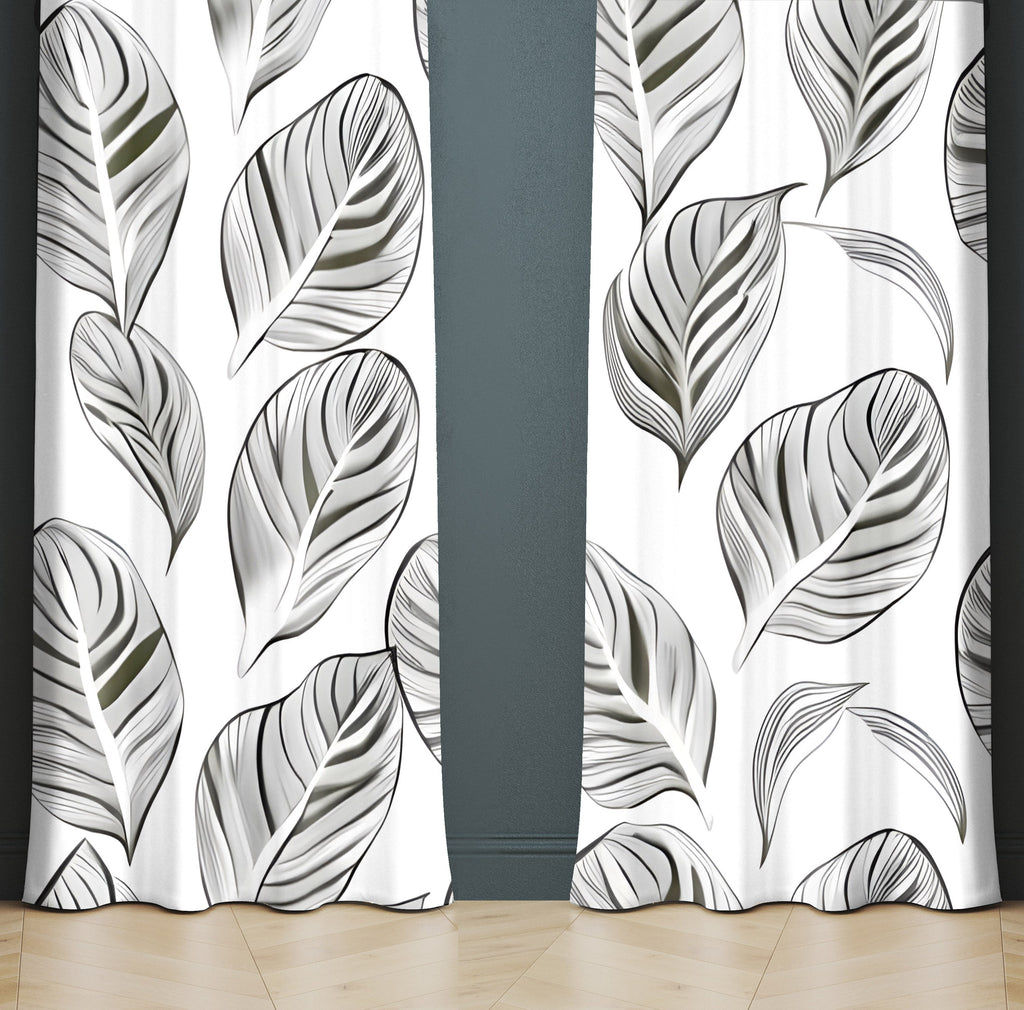 Floral Window Curtain - Black and White Abstract Monstera Leaves - Deja Blue Studios
