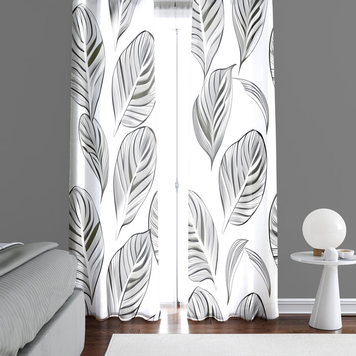 Floral Window Curtain - Black and White Abstract Monstera Leaves - Deja Blue Studios