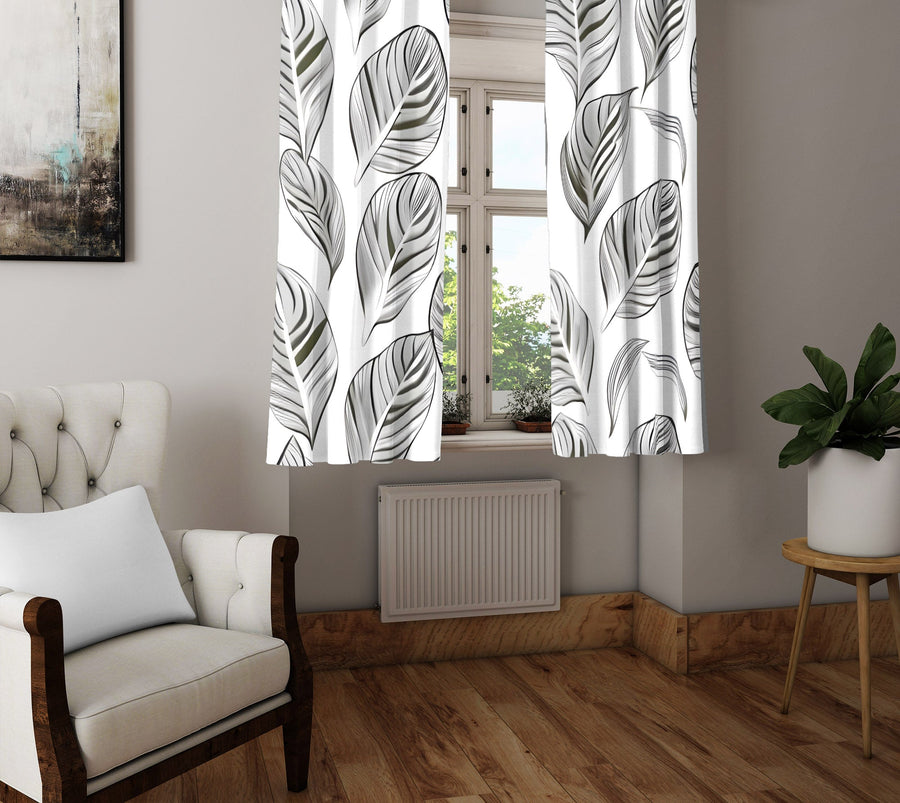 Floral Window Curtain - Black and White Abstract Monstera Leaves - Deja Blue Studios