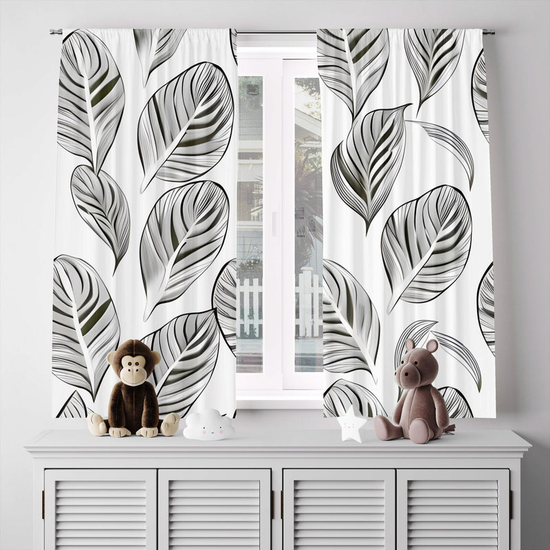 Floral Window Curtain - Black and White Abstract Monstera Leaves - Deja Blue Studios