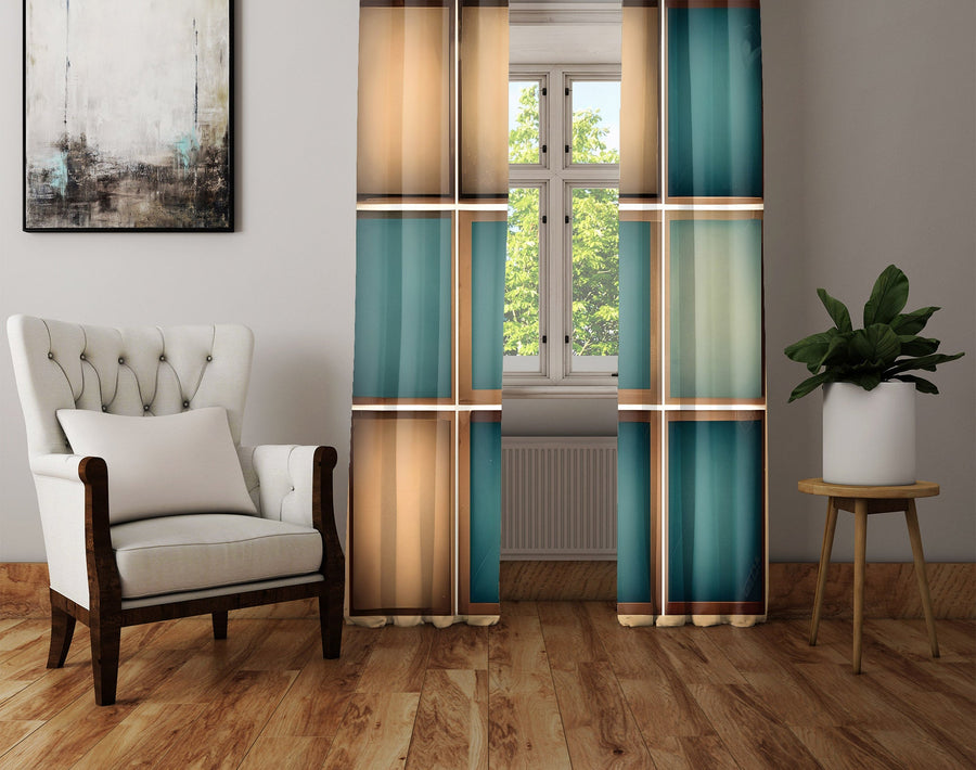 Checkered Window Curtain - Abstract Tan and Blue Chalkboard - Deja Blue Studios