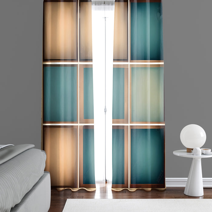 Checkered Window Curtain - Abstract Tan and Blue Chalkboard - Deja Blue Studios