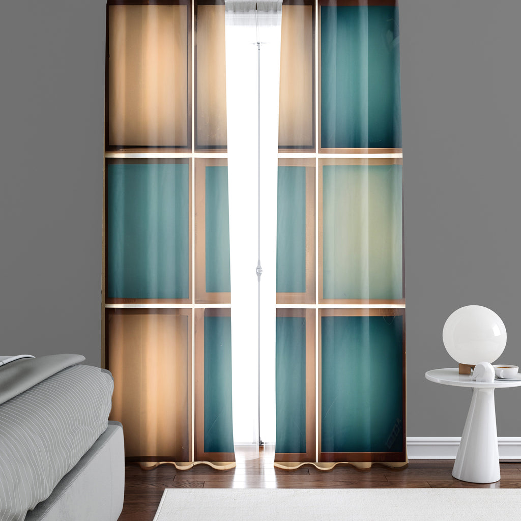 Checkered Window Curtain - Abstract Tan and Blue Chalkboard - Deja Blue Studios