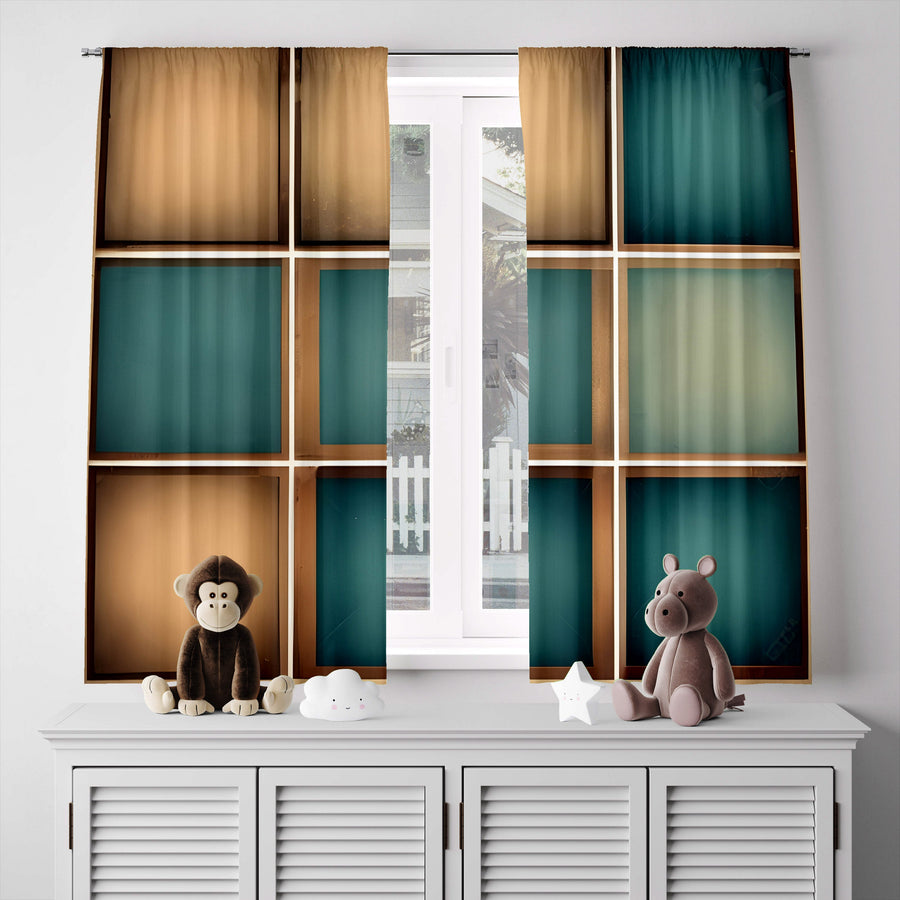 Checkered Window Curtain - Abstract Tan and Blue Chalkboard - Deja Blue Studios