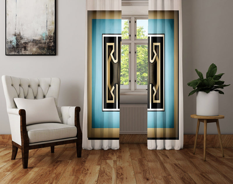 Abstract Window Curtain - Modern Grecian Blue and Gold Pattern - Deja Blue Studios