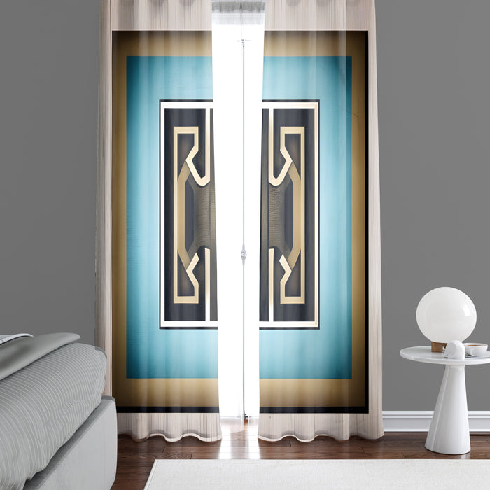 Abstract Window Curtain - Modern Grecian Blue and Gold Pattern - Deja Blue Studios