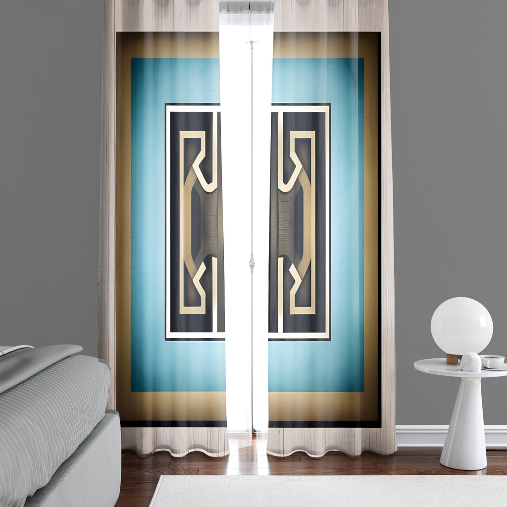 Abstract Window Curtain - Modern Grecian Blue and Gold Pattern - Deja Blue Studios