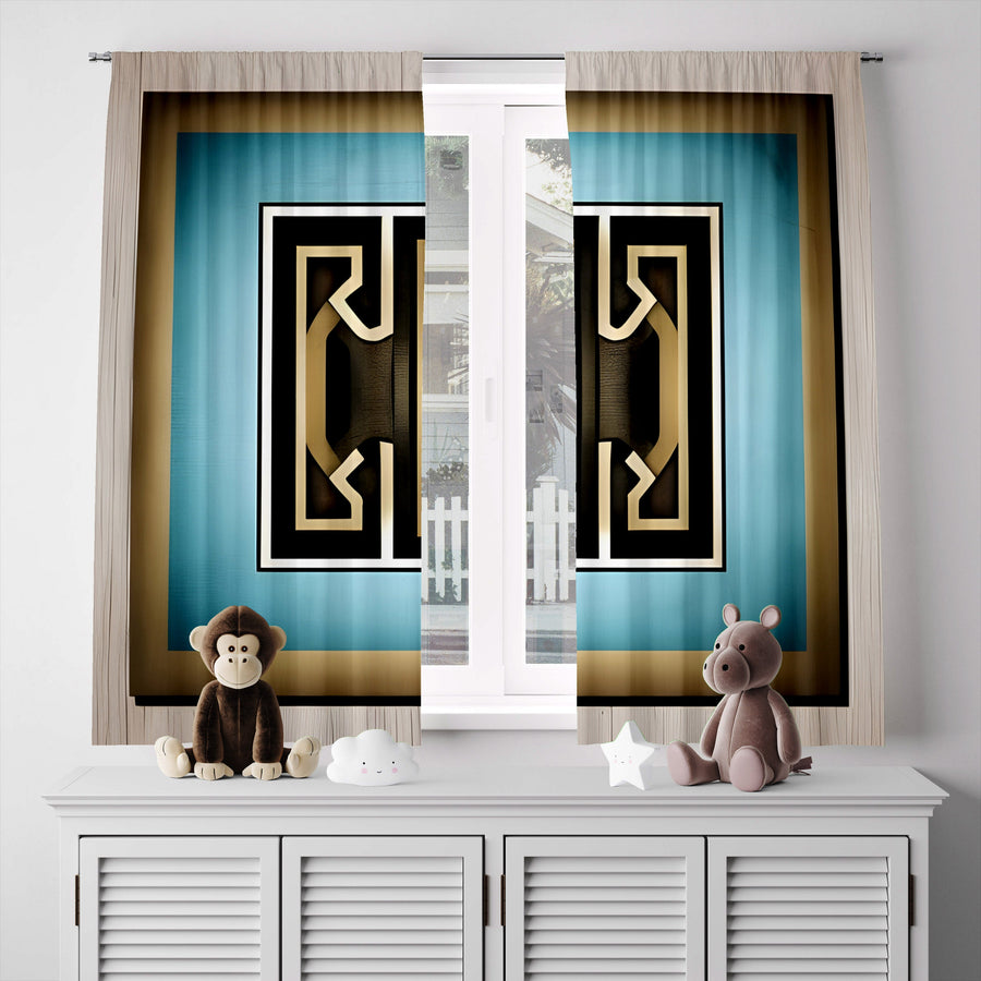 Abstract Window Curtain - Modern Grecian Blue and Gold Pattern - Deja Blue Studios
