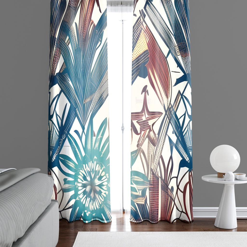 Floral Window Curtain - Blue and Red Abstract Wildflower Pattern - Deja Blue Studios