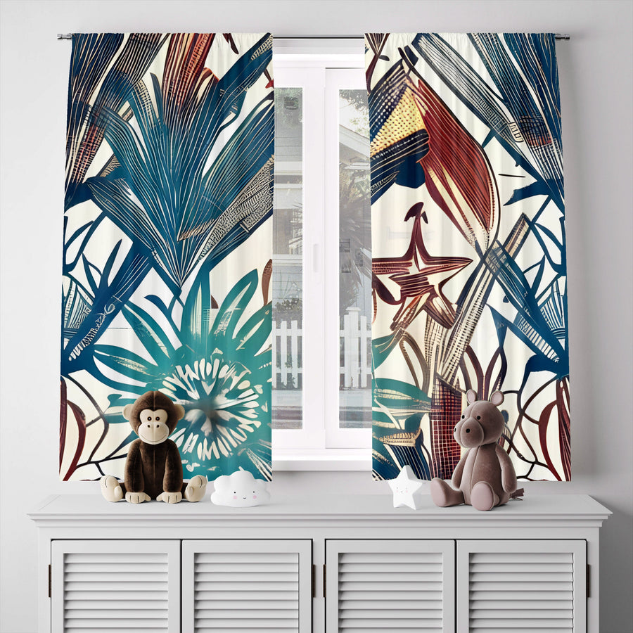 Floral Window Curtain - Blue and Red Abstract Wildflower Pattern - Deja Blue Studios