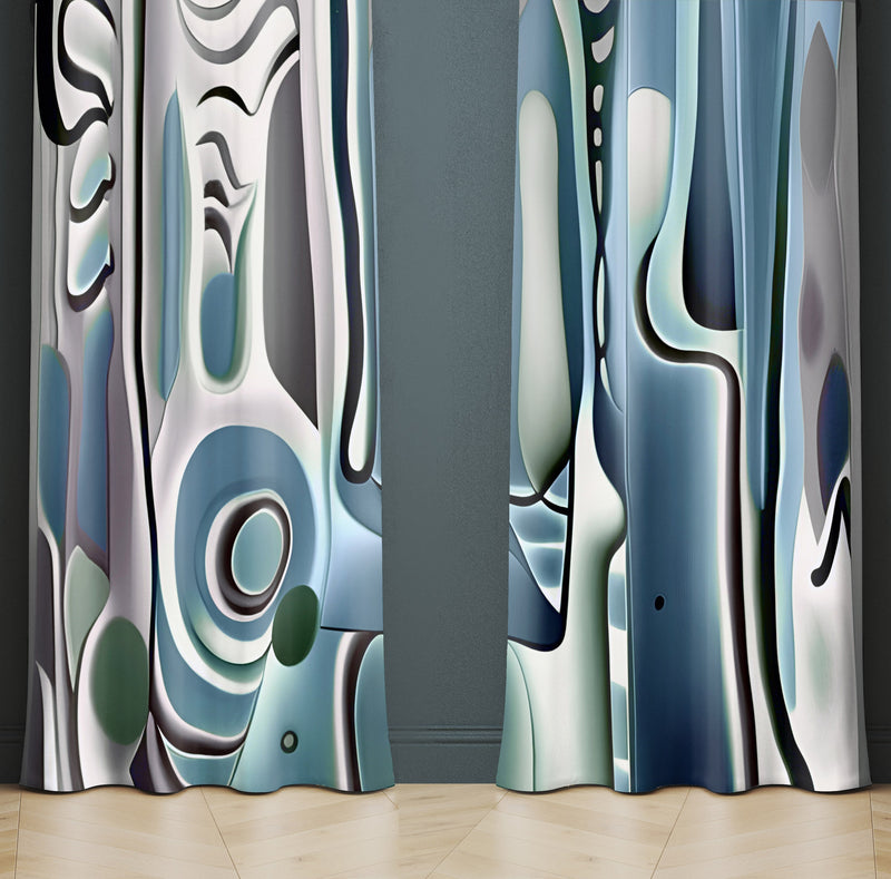 Striped Window Curtain - Blue and Gray Abstract Paint Stripes - Deja Blue Studios