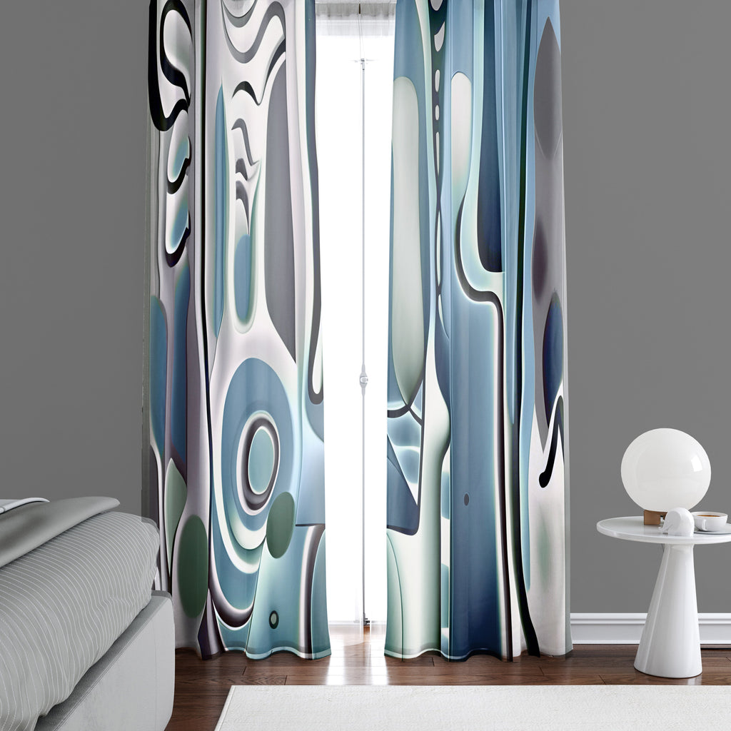 Striped Window Curtain - Blue and Gray Abstract Paint Stripes - Deja Blue Studios