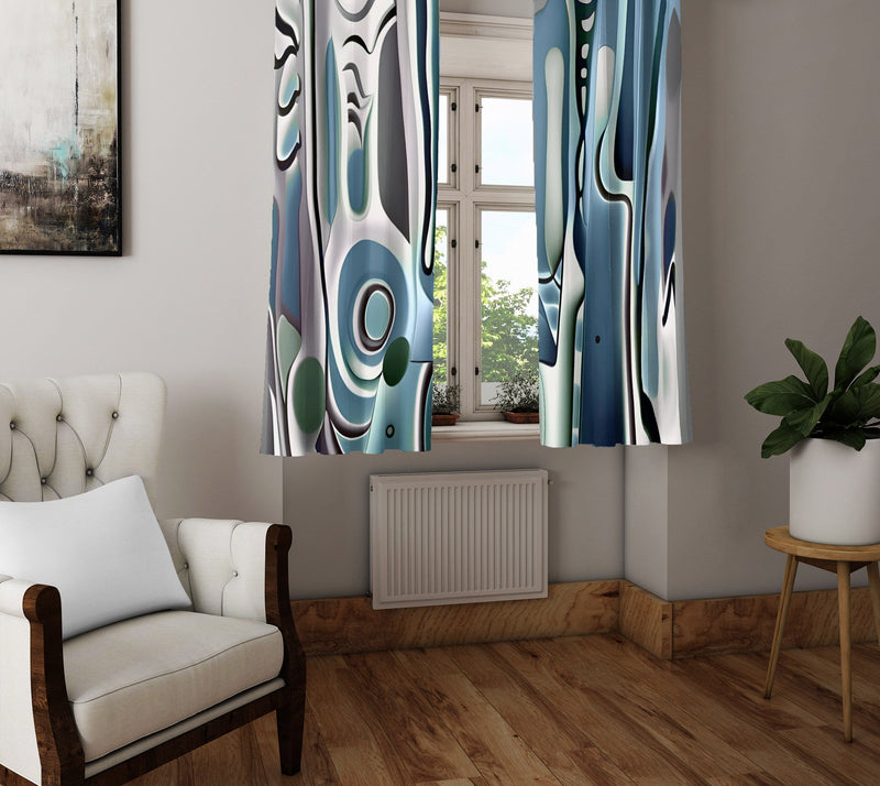 Striped Window Curtain - Blue and Gray Abstract Paint Stripes - Deja Blue Studios