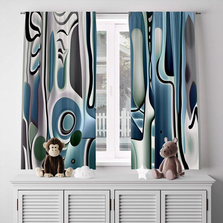 Striped Window Curtain - Blue and Gray Abstract Paint Stripes - Deja Blue Studios