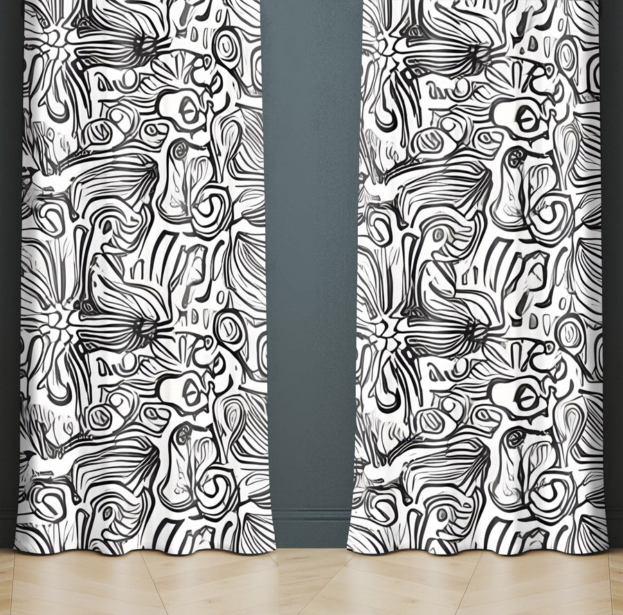 Abstract Window Curtain - Black and White Swirled Florals - Deja Blue Studios
