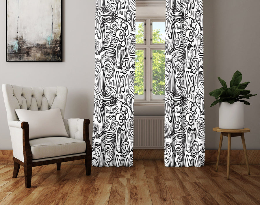 Abstract Window Curtain - Black and White Swirled Florals - Deja Blue Studios