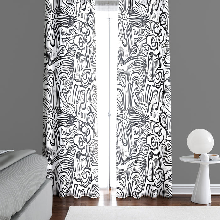 Abstract Window Curtain - Black and White Swirled Florals - Deja Blue Studios