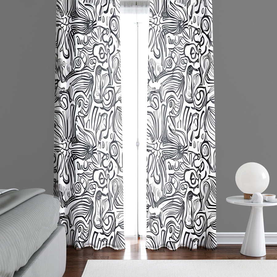 Abstract Window Curtain - Black and White Swirled Florals - Deja Blue Studios