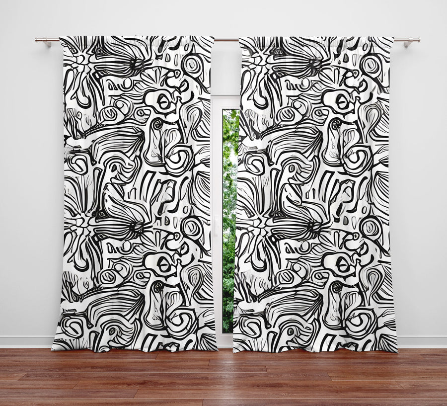 Abstract Window Curtain - Black and White Swirled Florals - Deja Blue Studios