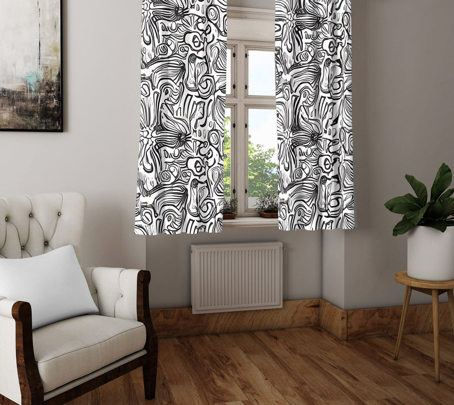 Abstract Window Curtain - Black and White Swirled Florals - Deja Blue Studios