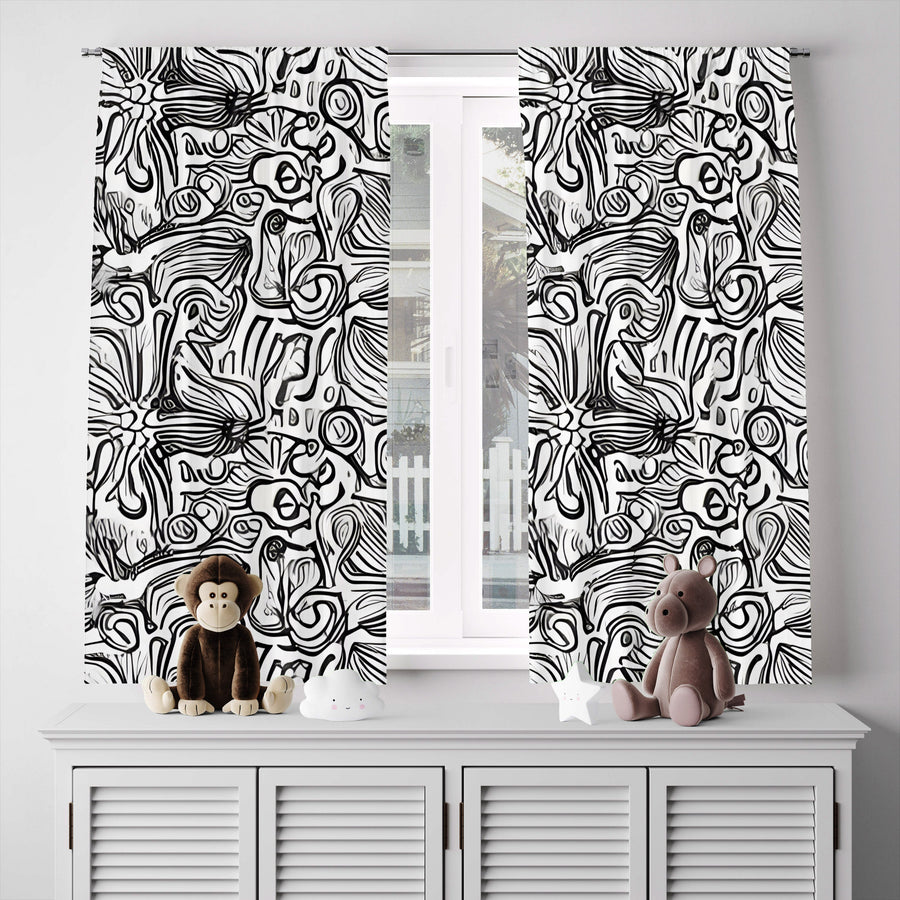 Abstract Window Curtain - Black and White Swirled Florals - Deja Blue Studios