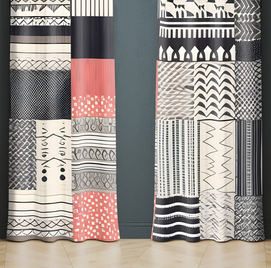 Abstract Window Curtain - Coral, Black, and Tan Multi Patterned - Deja Blue Studios