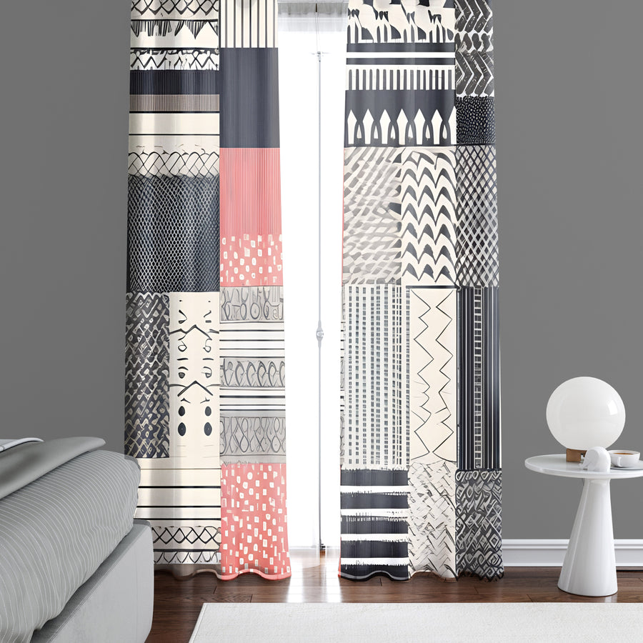 Abstract Window Curtain - Coral, Black, and Tan Multi Patterned - Deja Blue Studios