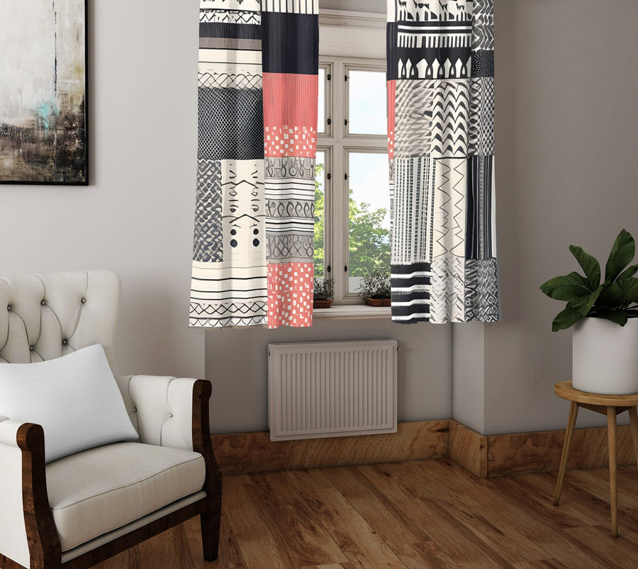 Abstract Window Curtain - Coral, Black, and Tan Multi Patterned - Deja Blue Studios