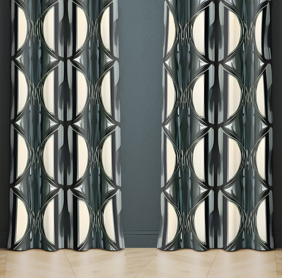 Abstract Window Curtain -  Green and Gray Art Deco Pattern - Deja Blue Studios