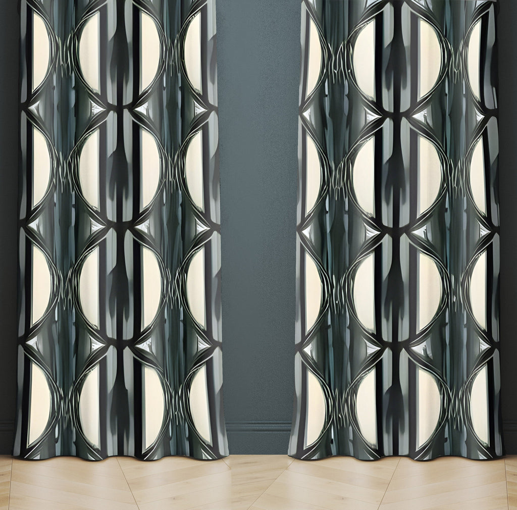 Abstract Window Curtain -  Green and Gray Art Deco Pattern - Deja Blue Studios
