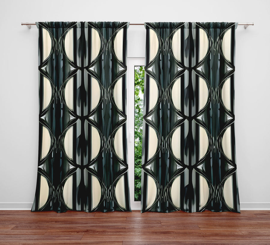 Abstract Window Curtain -  Green and Gray Art Deco Pattern - Deja Blue Studios