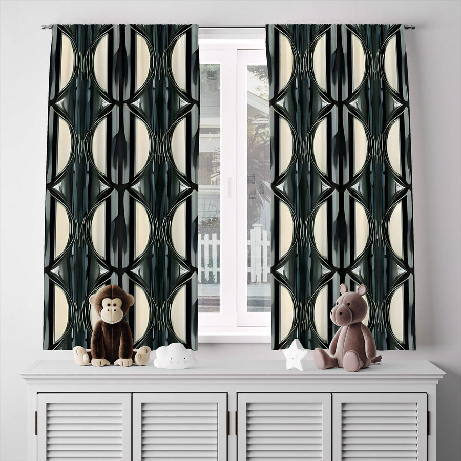 Abstract Window Curtain -  Green and Gray Art Deco Pattern - Deja Blue Studios