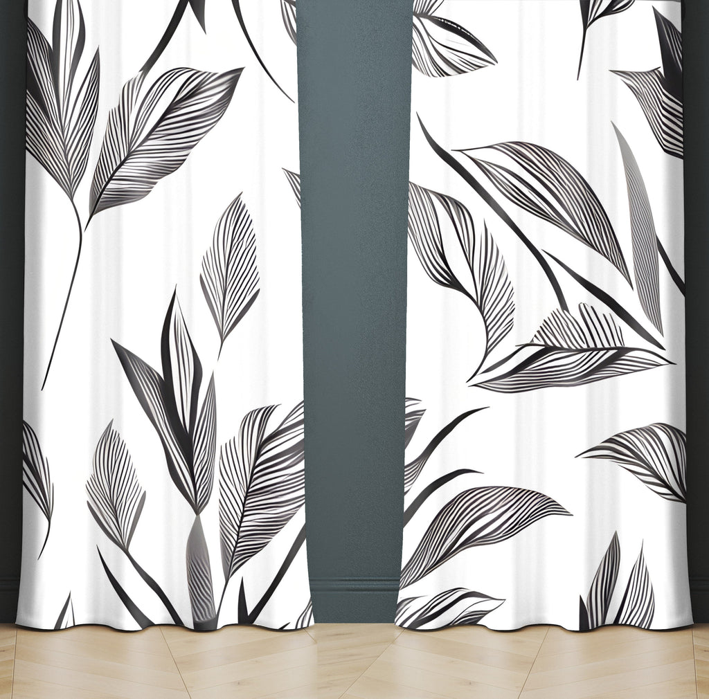 Minimalist Window Curtain - Black and White Leaf Pattern - Deja Blue Studios