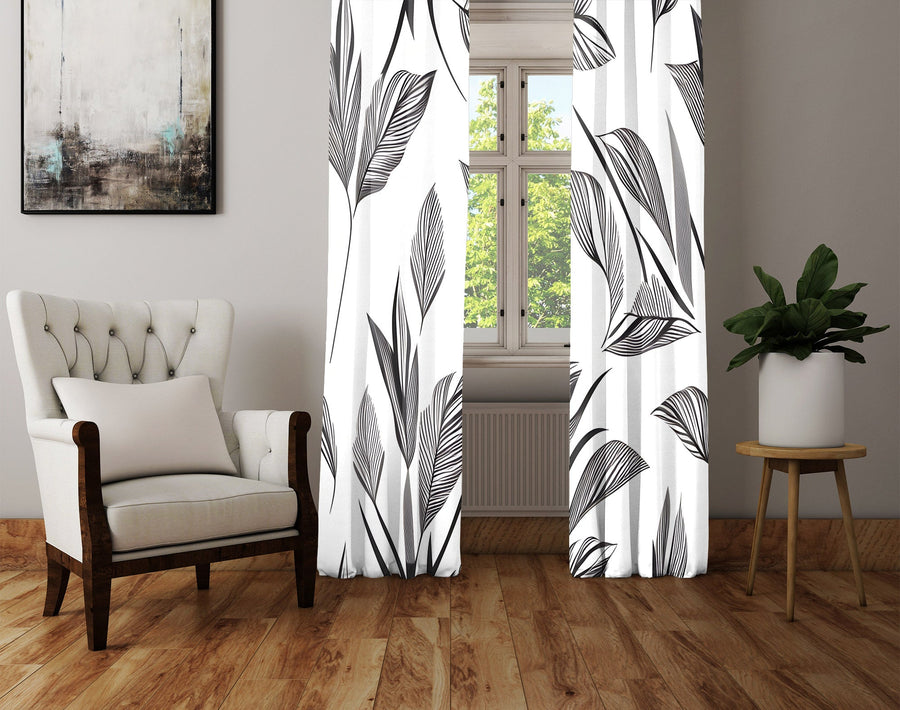 Minimalist Window Curtain - Black and White Leaf Pattern - Deja Blue Studios