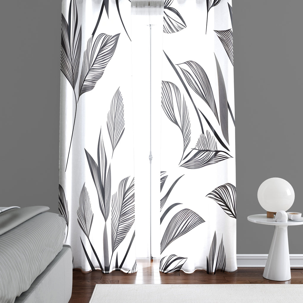 Minimalist Window Curtain - Black and White Leaf Pattern - Deja Blue Studios