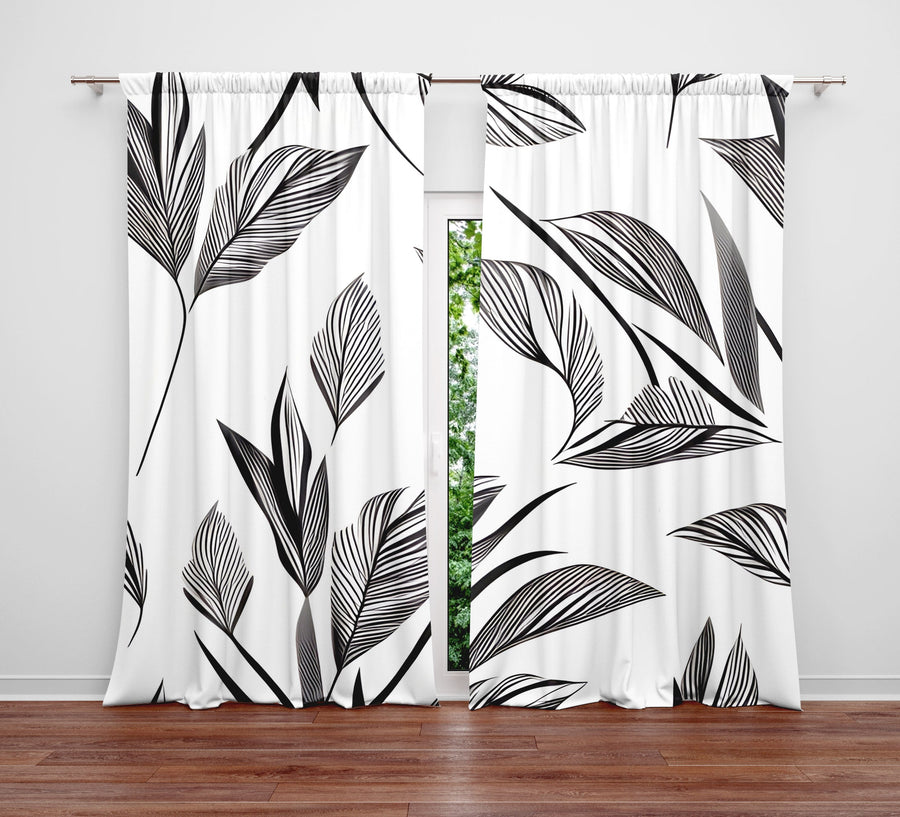 Minimalist Window Curtain - Black and White Leaf Pattern - Deja Blue Studios