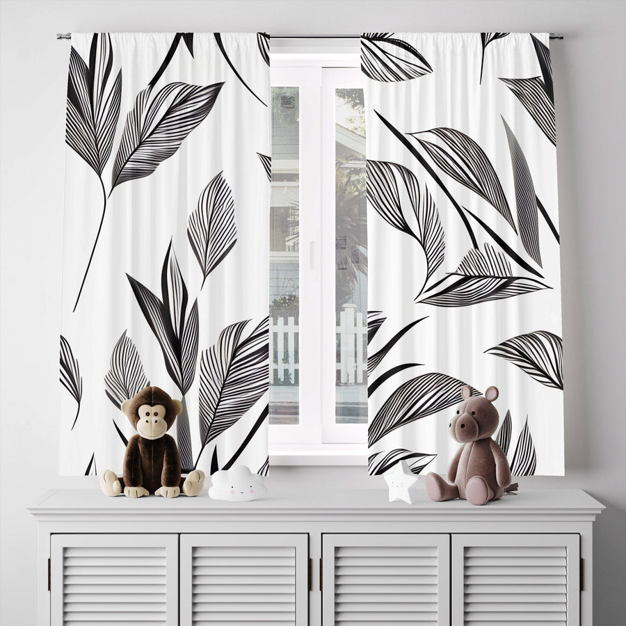Minimalist Window Curtain - Black and White Leaf Pattern - Deja Blue Studios
