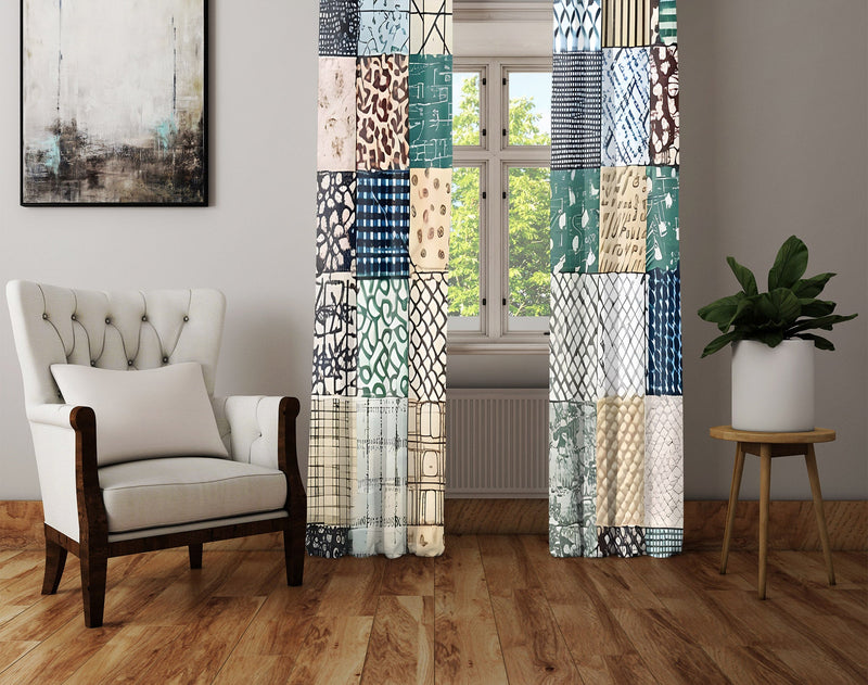 Abstract Window Curtain - Green and Tan Faux Quilted Pattern - Deja Blue Studios