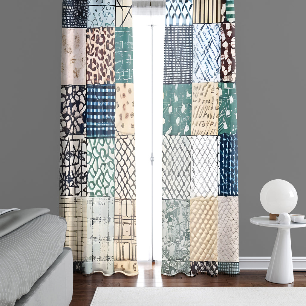 Abstract Window Curtain - Green and Tan Faux Quilted Pattern - Deja Blue Studios