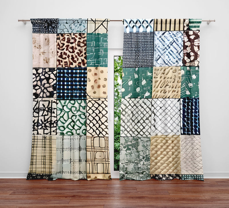Abstract Window Curtain - Green and Tan Faux Quilted Pattern - Deja Blue Studios