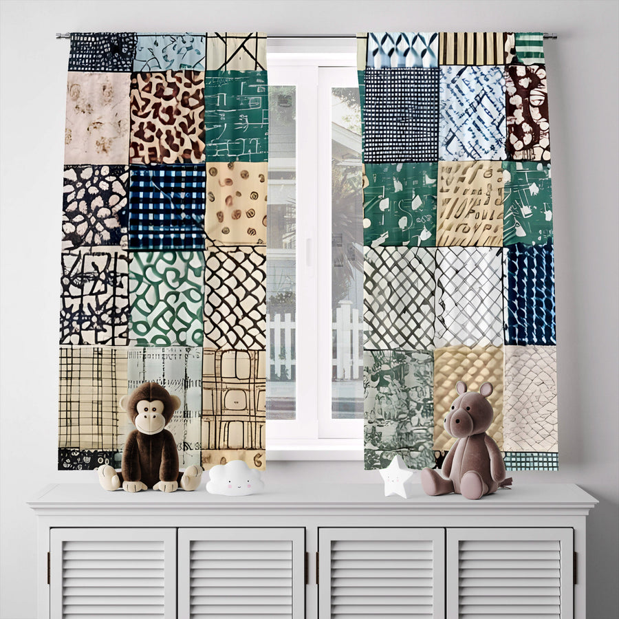 Abstract Window Curtain - Green and Tan Faux Quilted Pattern - Deja Blue Studios