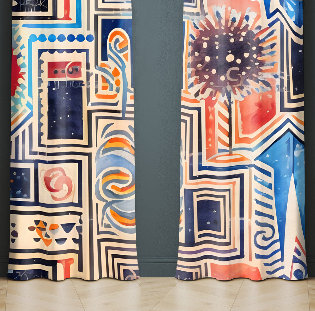 Abstract Window Curtain - Blue and Orange Mosaic Pattern - Deja Blue Studios