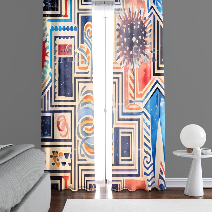 Abstract Window Curtain - Blue and Orange Mosaic Pattern - Deja Blue Studios