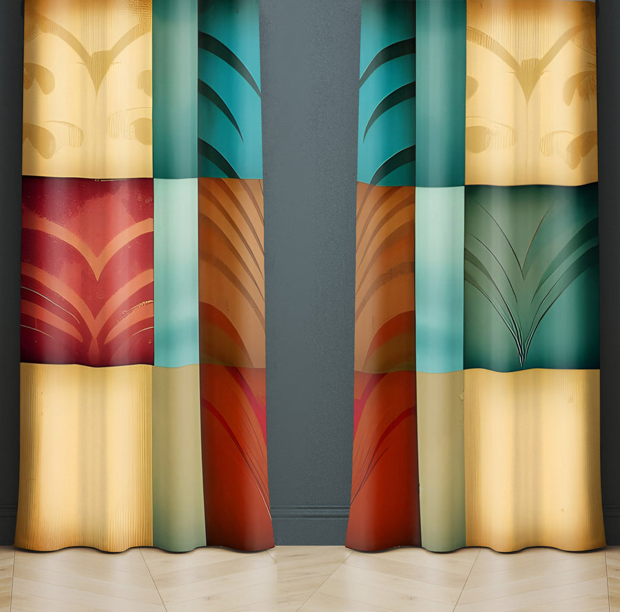 Checkered Window Curtain - Yellow, Red, and Blue Art Deco Pattern - Deja Blue Studios