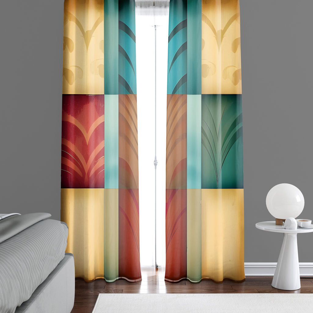 Checkered Window Curtain - Yellow, Red, and Blue Art Deco Pattern - Deja Blue Studios