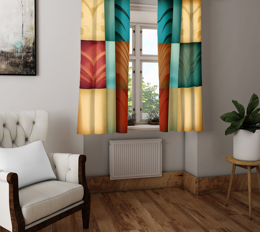 Checkered Window Curtain - Yellow, Red, and Blue Art Deco Pattern - Deja Blue Studios